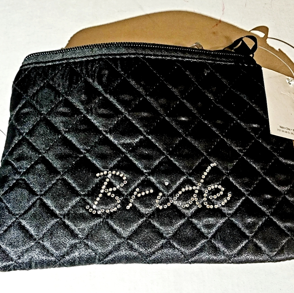 NWT black satin-like quilted Bride rhinestone makeup up pouch #wifetobe